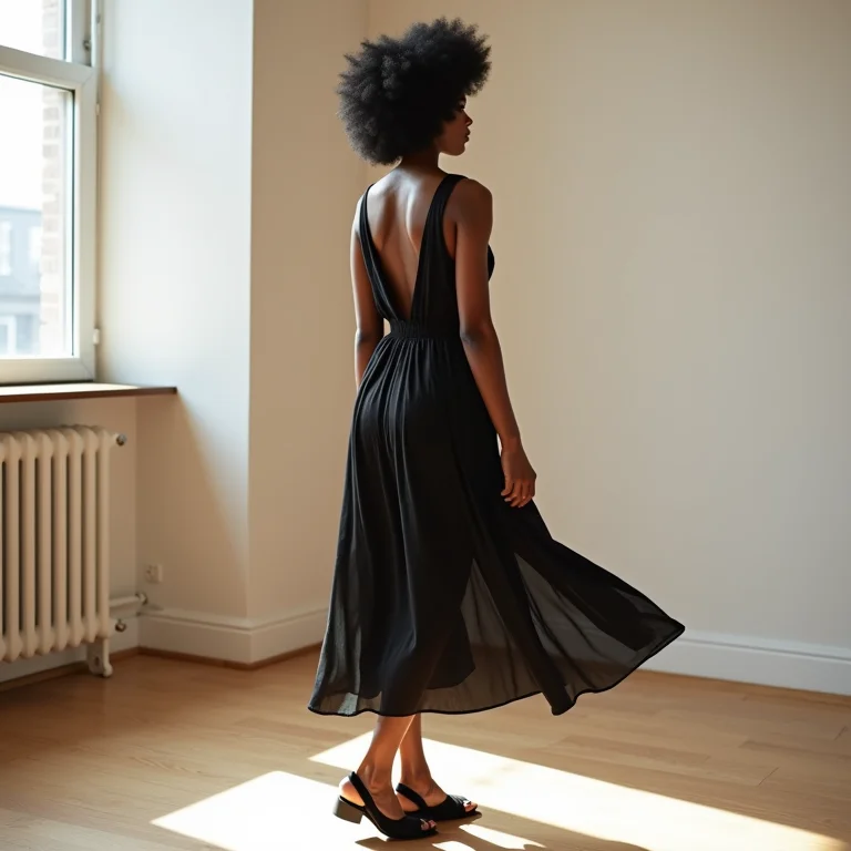 Mulher de vestido midi usando papete preta em loft minimalista