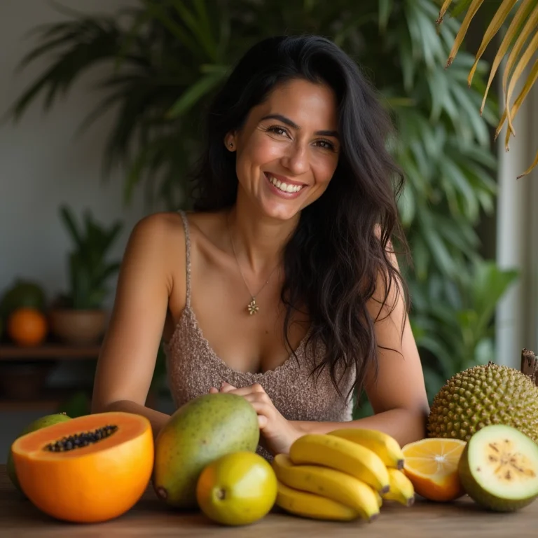 Mulher decorando com frutas tropicais
