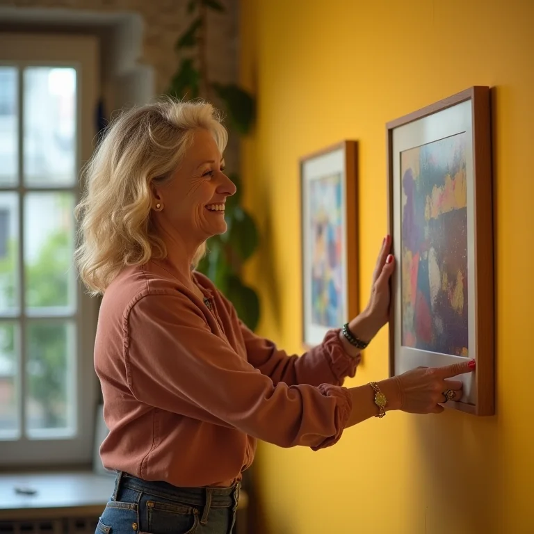 Mulher decorando espaço de coworking com arte