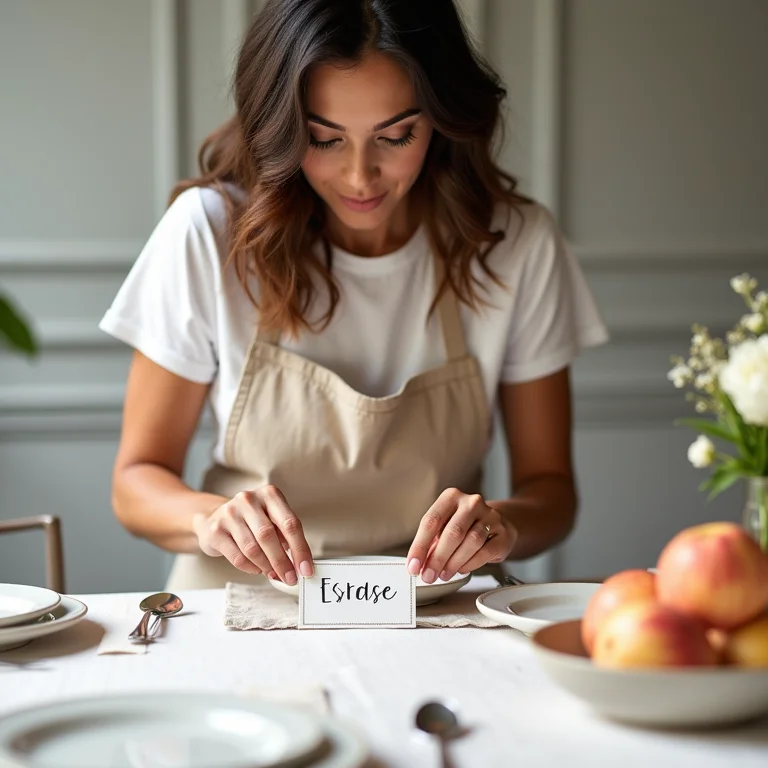 Mulher decorando mesa de brunch com toques personalizados.