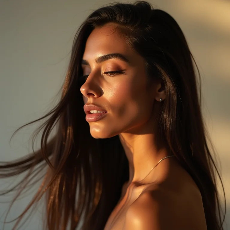 Mulher deixando o cabelo secar naturalmente ao ar livre.