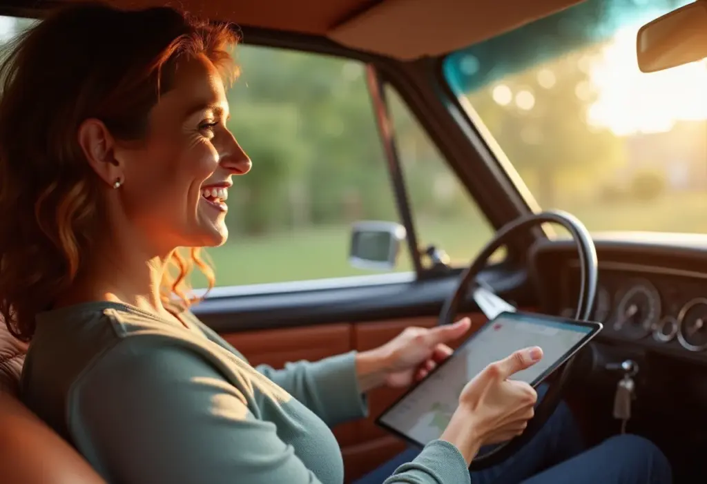 Roteirizador Quatro Rodas: Use AGORA e viaje sem perrengue Mulher dirigindo carro antigo com roteiro no tablet