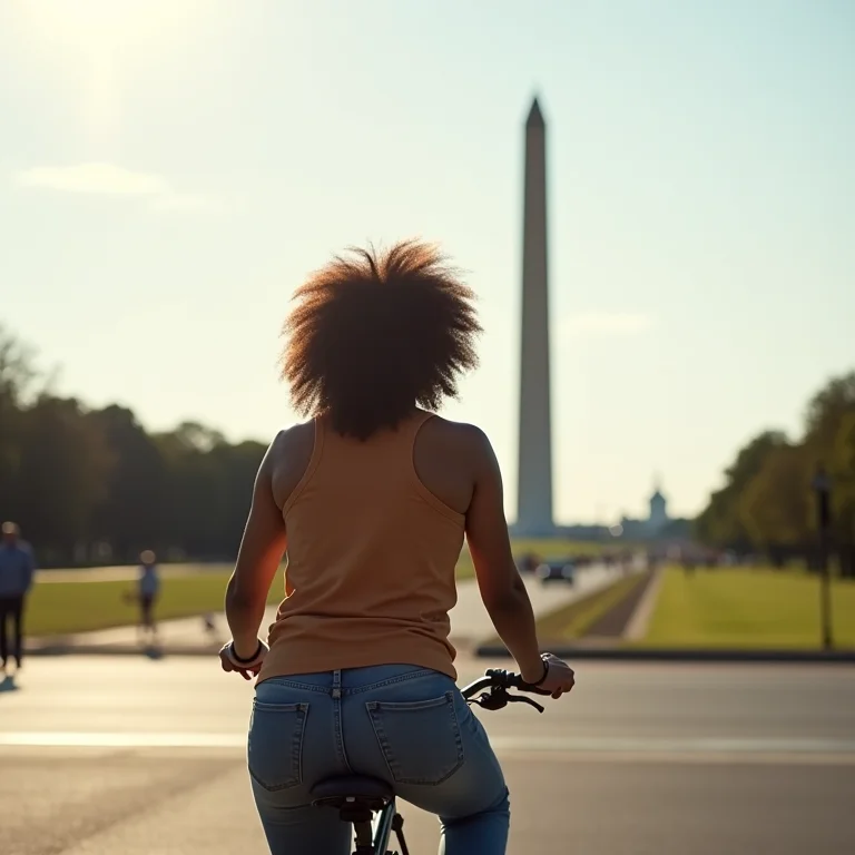 Mulher diversa andando de bicicleta perto do Monumento de Washington em Washington DC