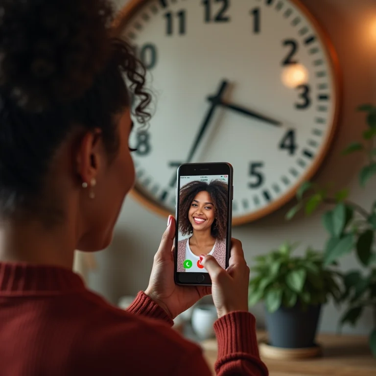 Mulher diversa fazendo chamada de vídeo com família olhando para relógio com fusos horários