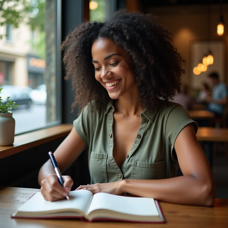 Mulher diversa sorrindo e fazendo anotações em diário de viagem em café