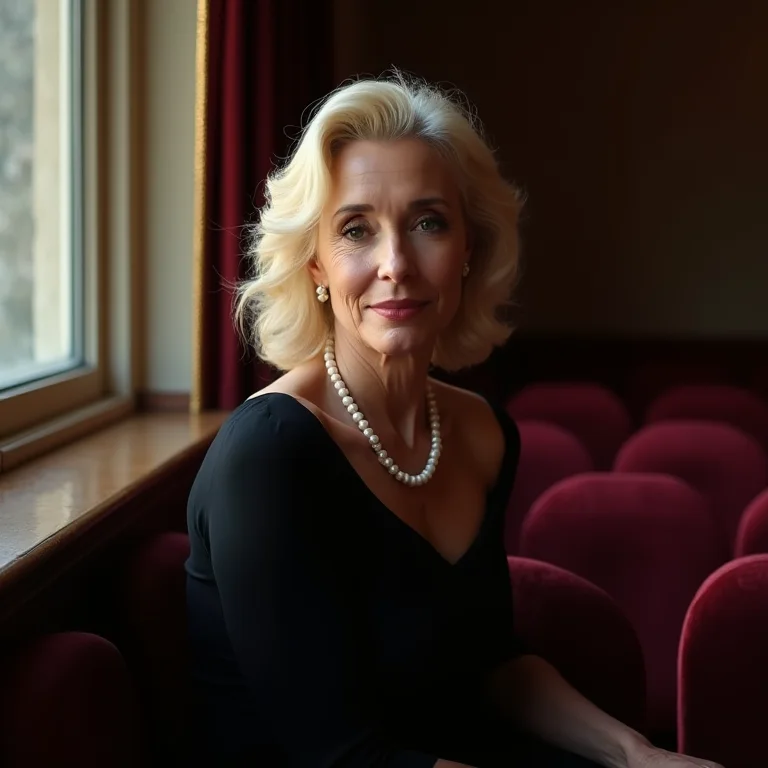 Mulher elegante com vestido preto em camarote de teatro.