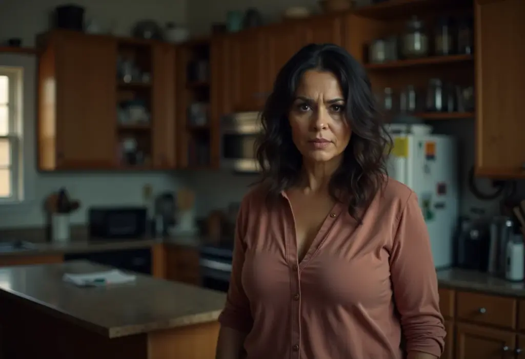 Cozinha com Península: O erro chocante que você precisa evitar Mulher em cozinha mal planejada com península, demonstrando frustração