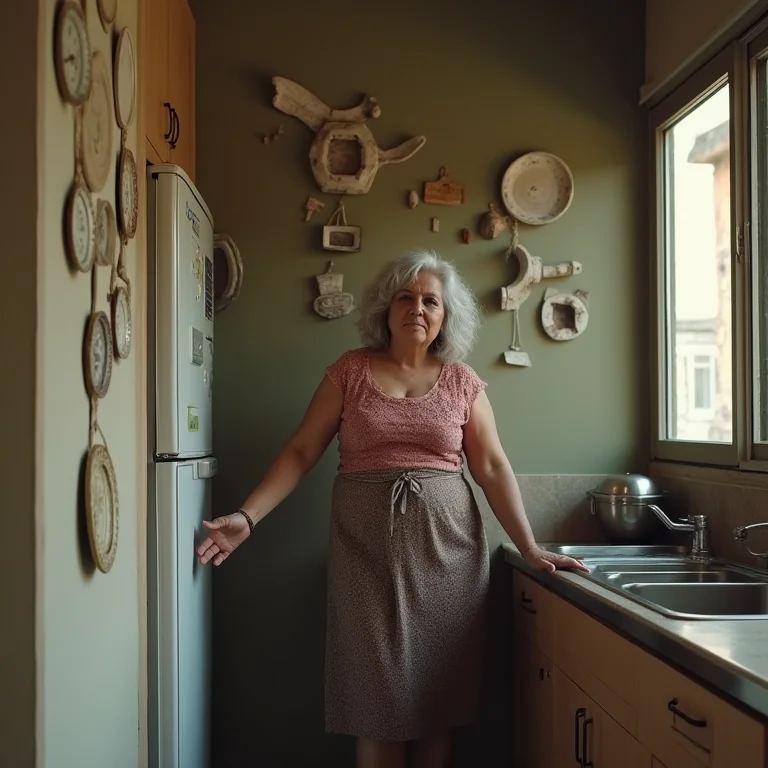 Mulher em cozinha pequena com decoração desproporcional