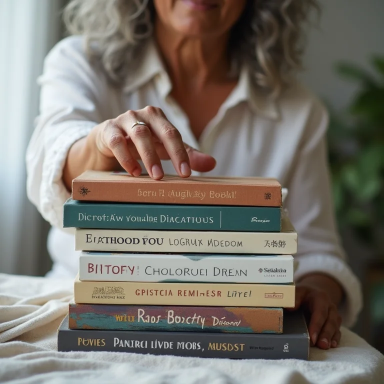 Mulher escolhendo livro de decoração.