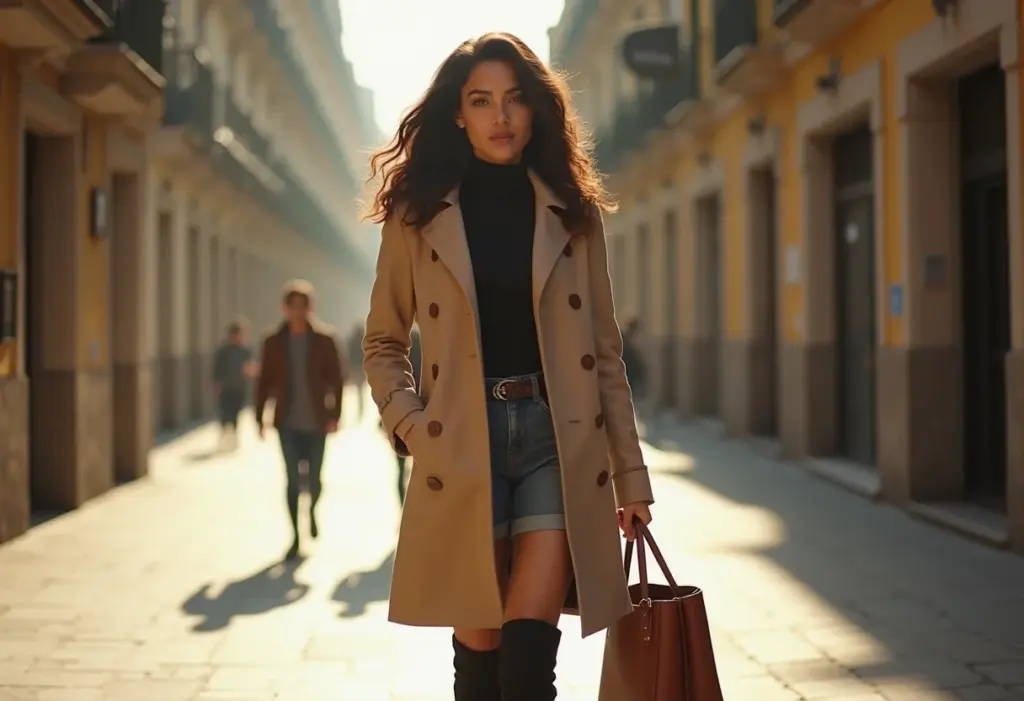 Mulher estilosa com bota acima do joelho em cenário urbano.