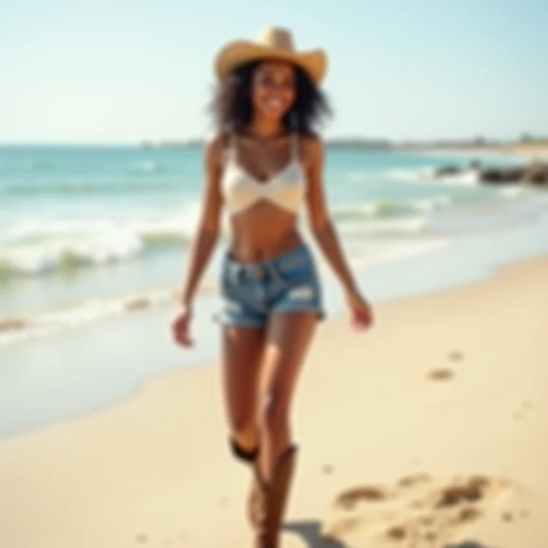 Mulher estilosa com shorts e bota de cowboy caminhando na praia sorrindo