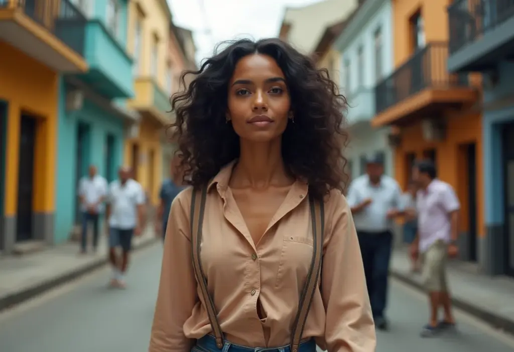 Suspensório: O guia moderno de como usar sem parecer antiquado Mulher estilosa com suspensórios andando na rua