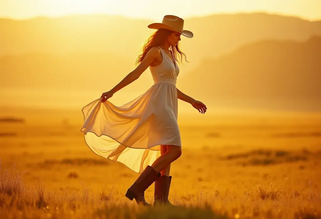 Mulher estilosa usando bota de cowboy com vestido fluido em campo ensolarado