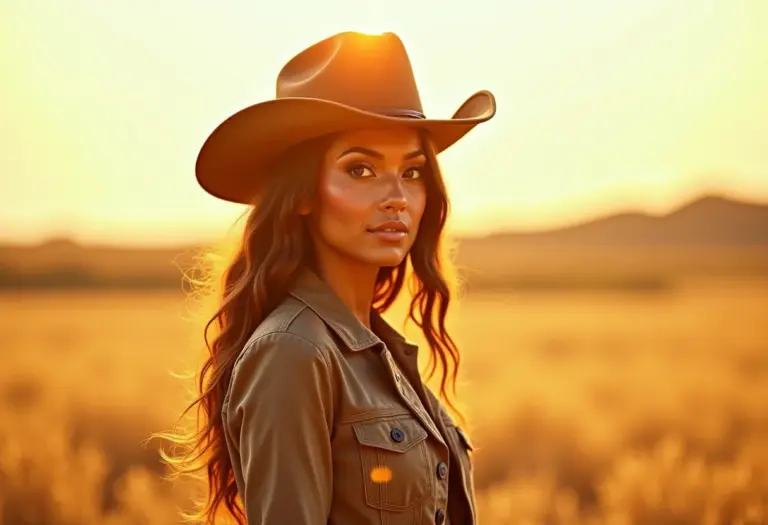 Mulher estilosa usando bota de cowboy em campo ensolarado