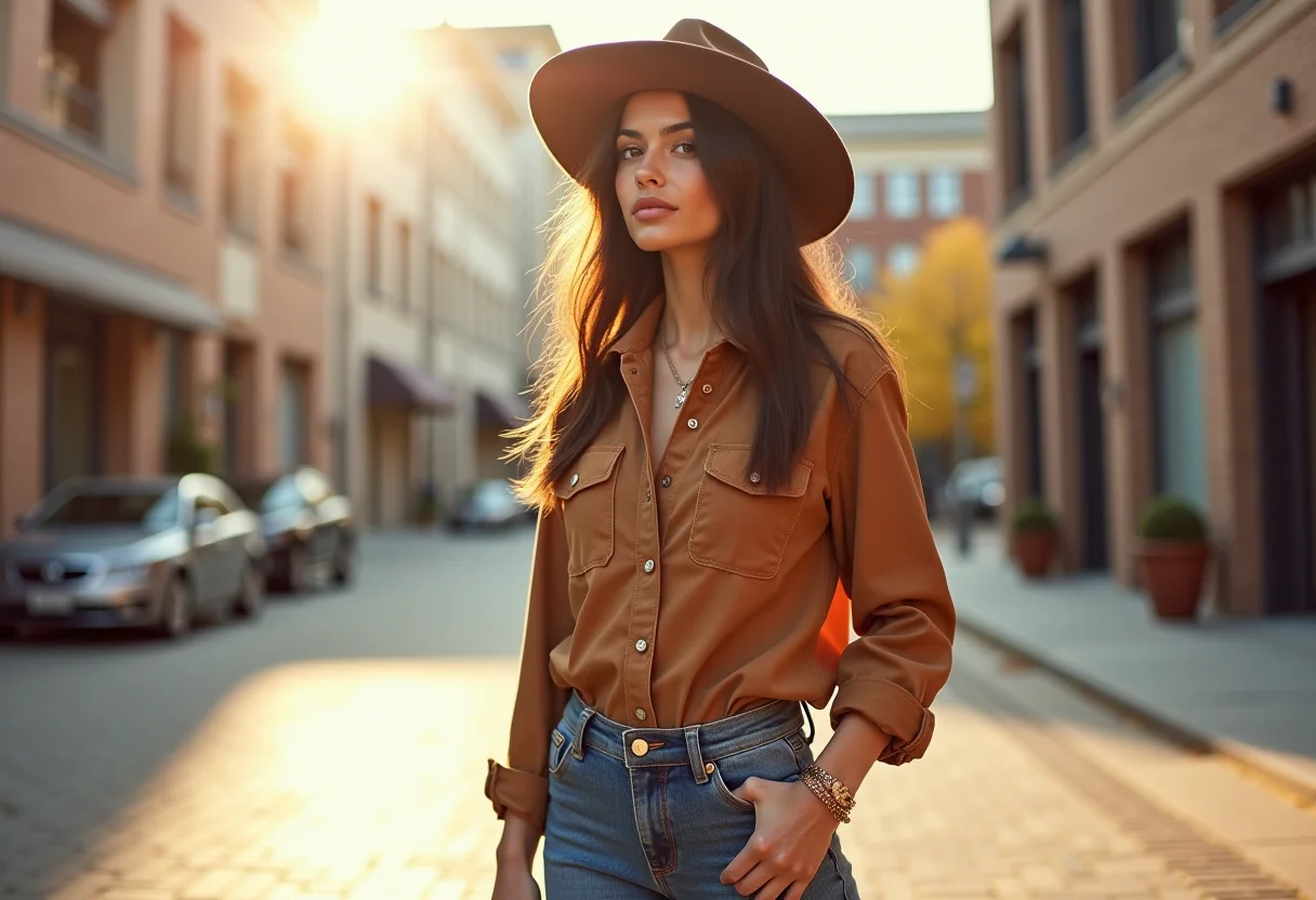 Mulher estilosa usando bota de cowboy em cenário urbano moderno