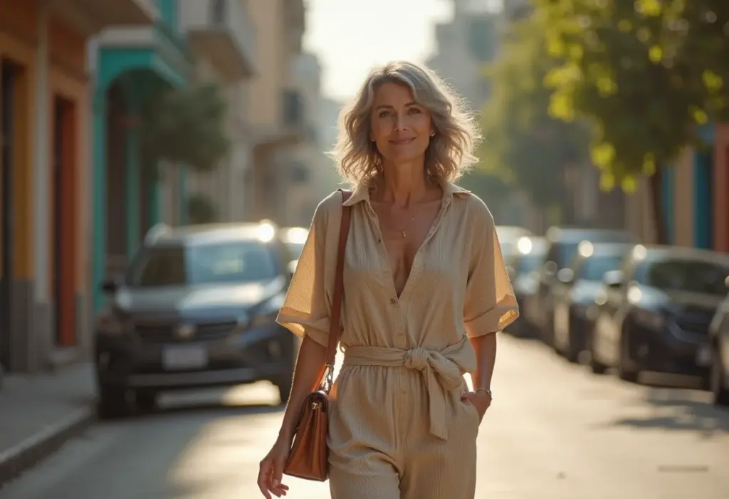 Mulher estilosa usando calça pantacourt em cenário urbano.