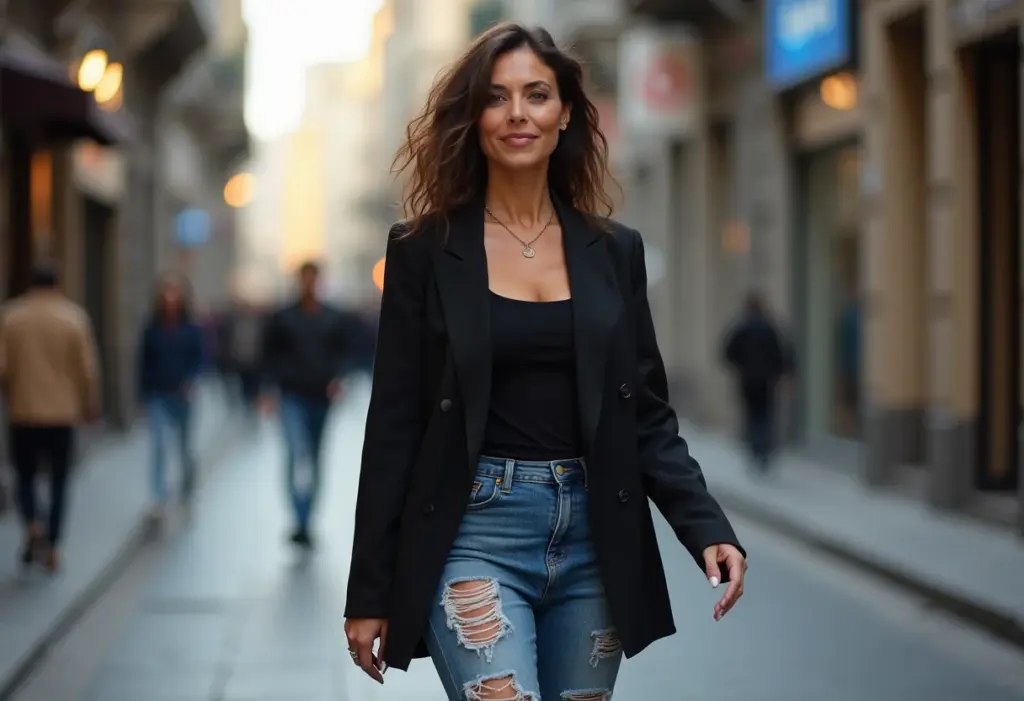 Mulher estilosa usando meia arrastão com jeans destroyed e blazer em ambiente urbano.