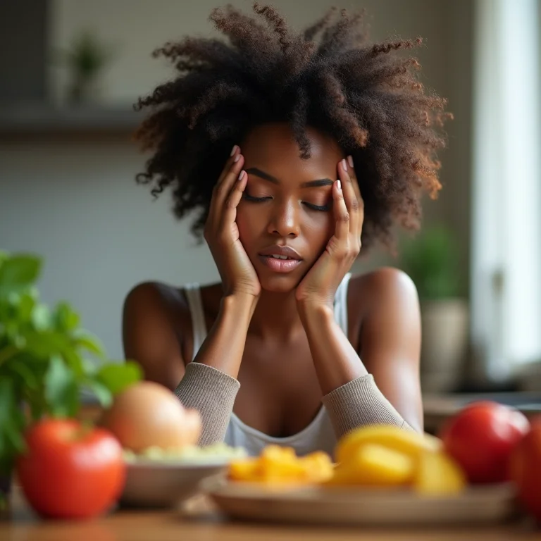 Mulher estressada com má alimentação afetando a saúde das sobrancelhas
