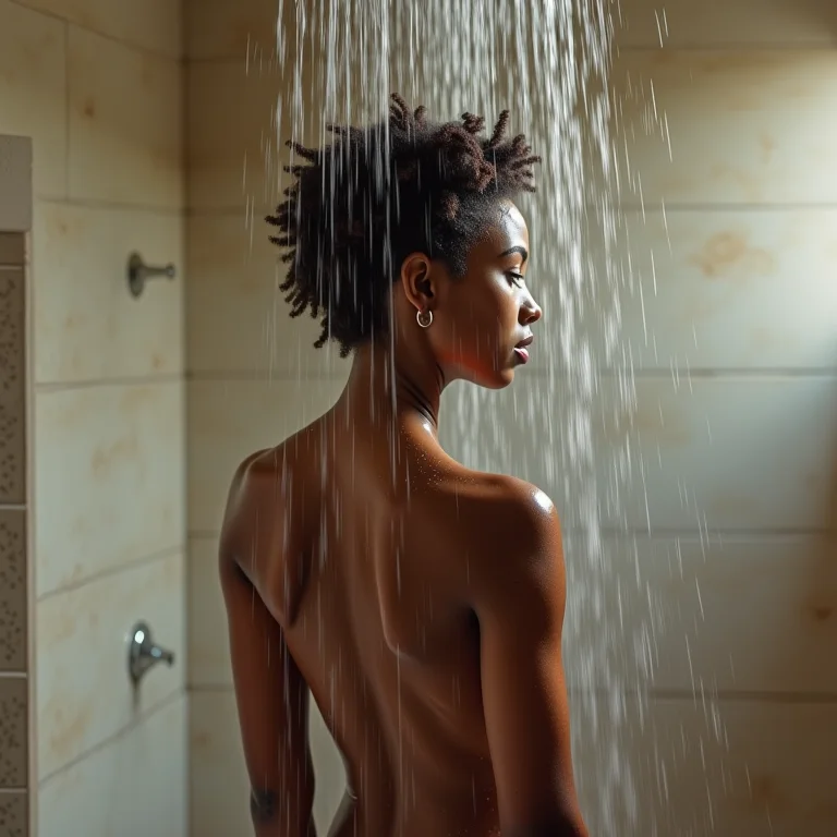 Mulher evitando a água quente durante o banho para proteger os cabelos