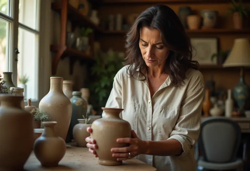 Decoração de antiquário: 5 erros que você não pode cometer Mulher examinando vaso antigo em antiquário.