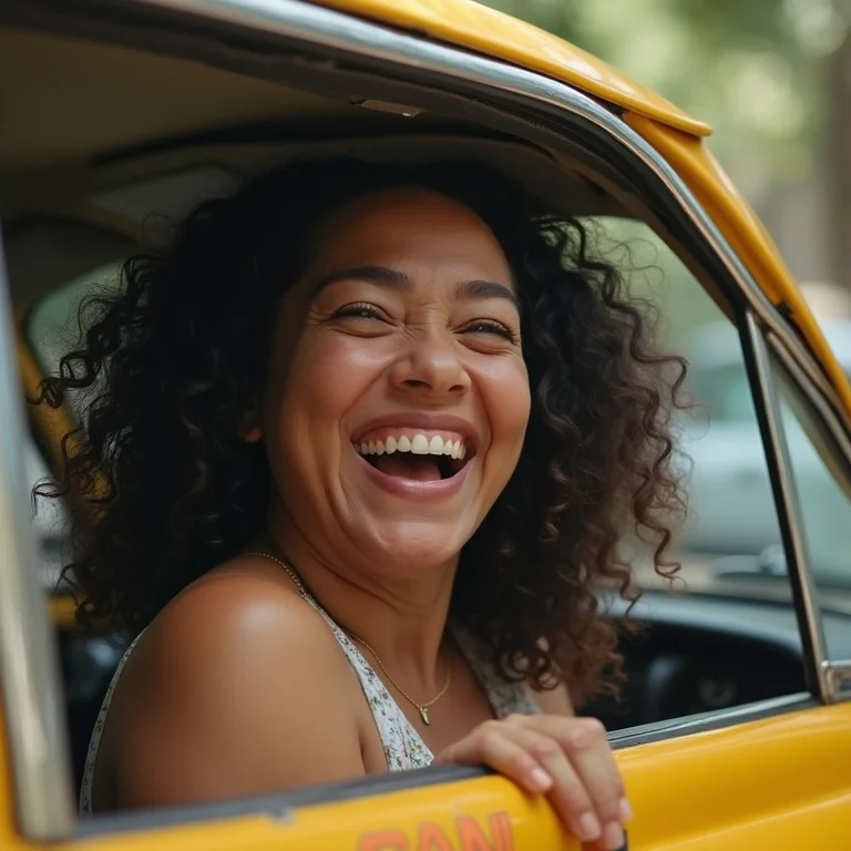Mulher feliz acenando para táxi colorido em Recife, Pernambuco.