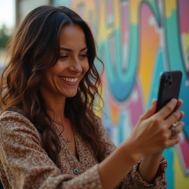 Mulher fotografando arte de rua com smartphone