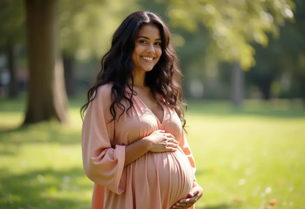 Mulher grávida sorrindo em parque ensolarado