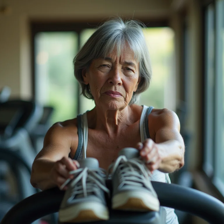 Mulher idosa fazendo careta enquanto usa tênis inadequados na esteira.