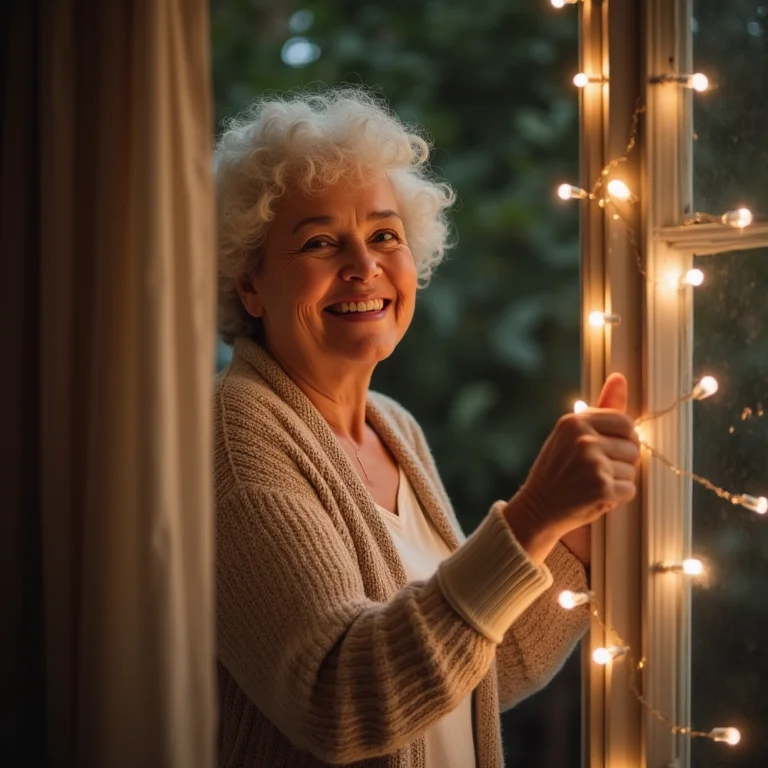 Mulher idosa sorrindo enquanto decora sua janela com luzes.