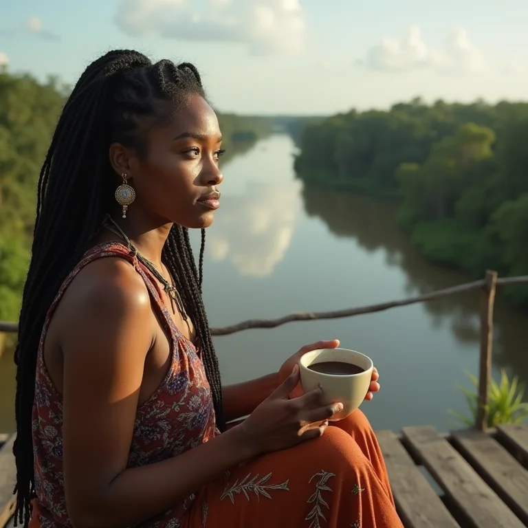 Mulher indígena bebendo chocolate na Ilha do Combu