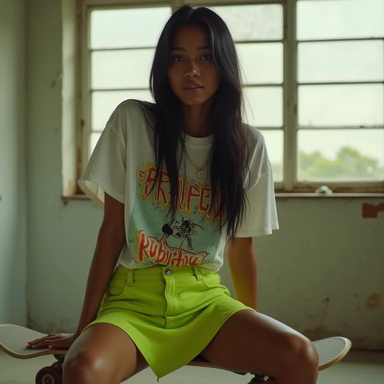 Mulher indígena brasileira com saia verde lima em look moderno e despojado