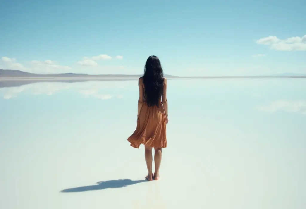 Fuja do óbvio: as paisagens incríveis que você NUNCA viu Mulher indígena brasileira contemplando a paisagem surreal do Salar de Uyuni.