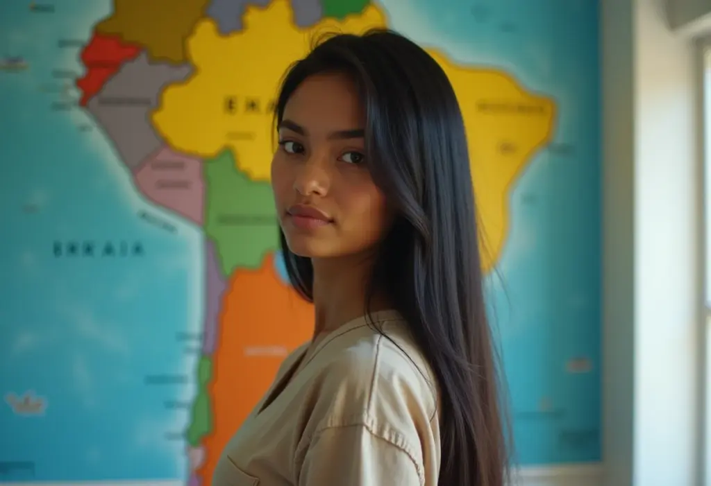 Mapas do Brasil: 5 erros que você comete ao usar e como evitar Mulher indígena brasileira sorrindo em frente a um mapa do Brasil.