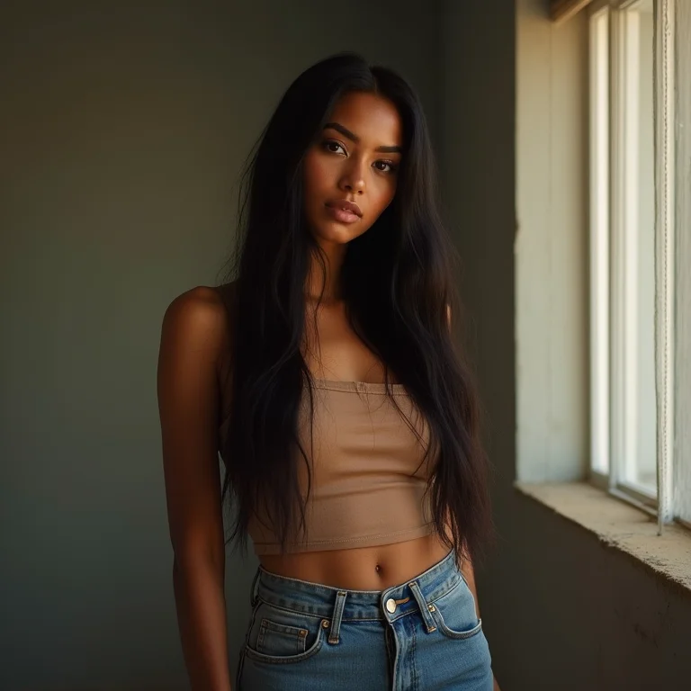 Mulher indígena com calça de cintura alta