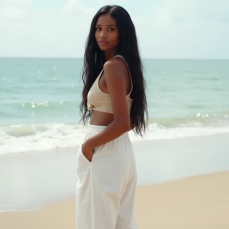 Mulher indígena com calças pantalonas na praia