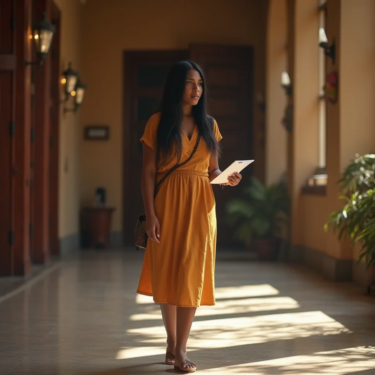 Mulher indígena com look casual segurando programa de teatro.