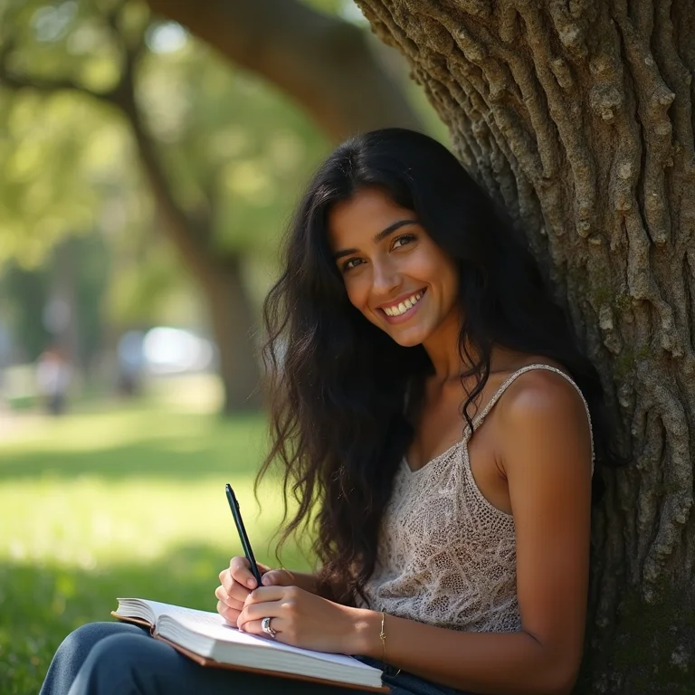 Mulher indígena jovem desenhando em parque ensolarado