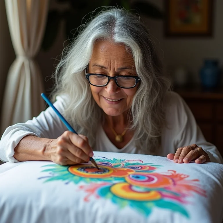 Mulher indígena madura pintando almofada à mão livre.