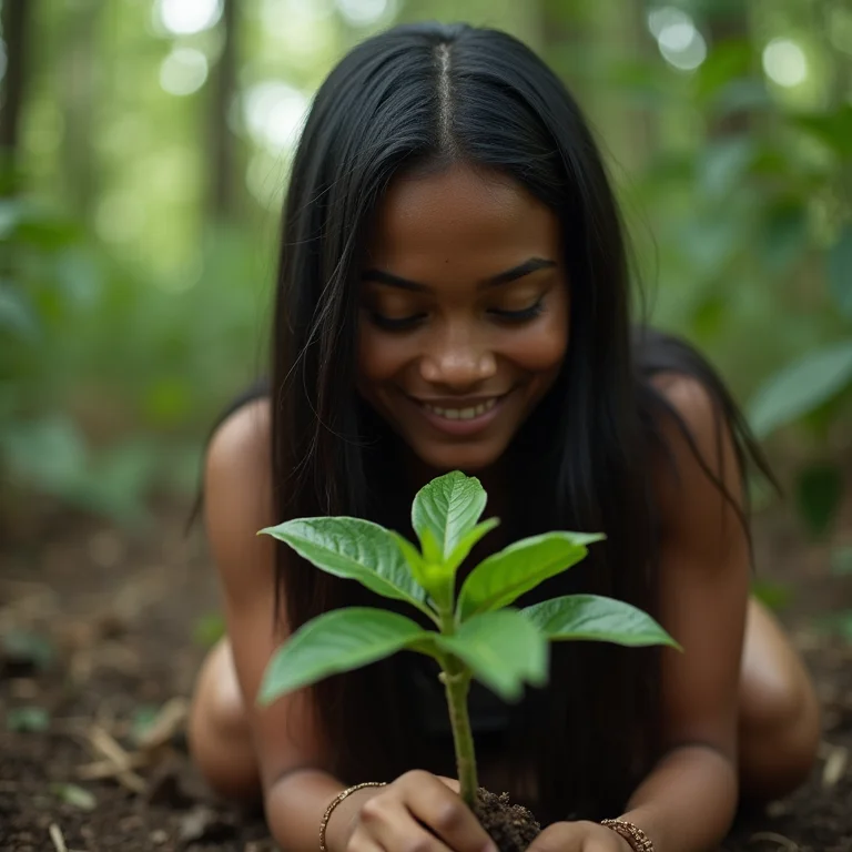 Mulher indígena plantando árvore na Amazônia