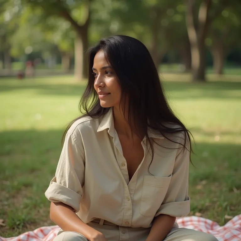 Mulher indígena vestindo calça e camisa em piquenique.