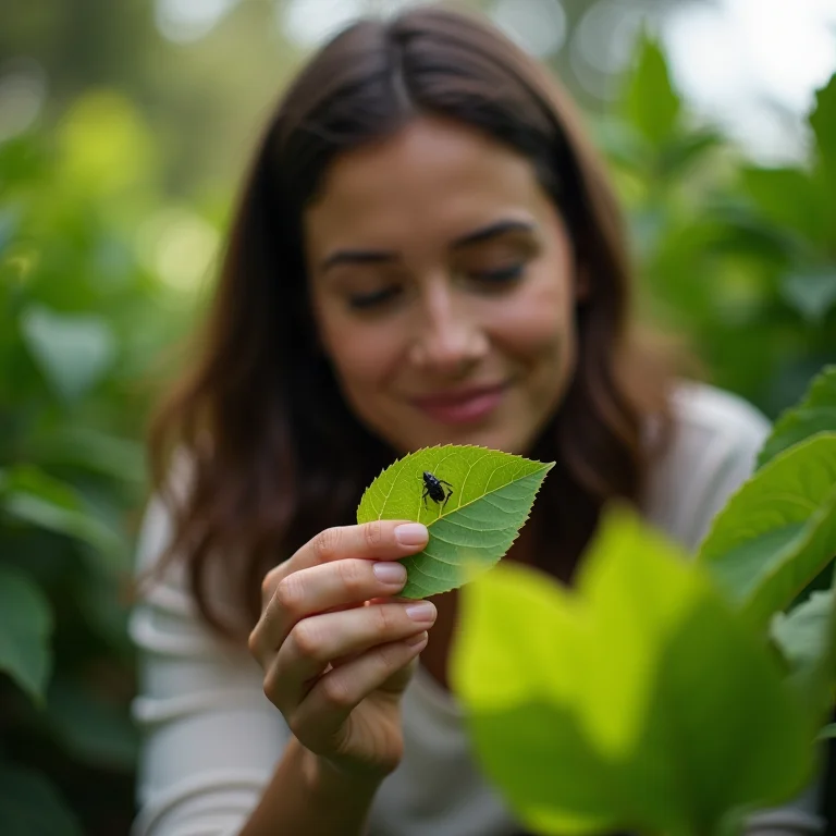 Mulher inspecionando folha de planta com soluções naturais para controle de pragas