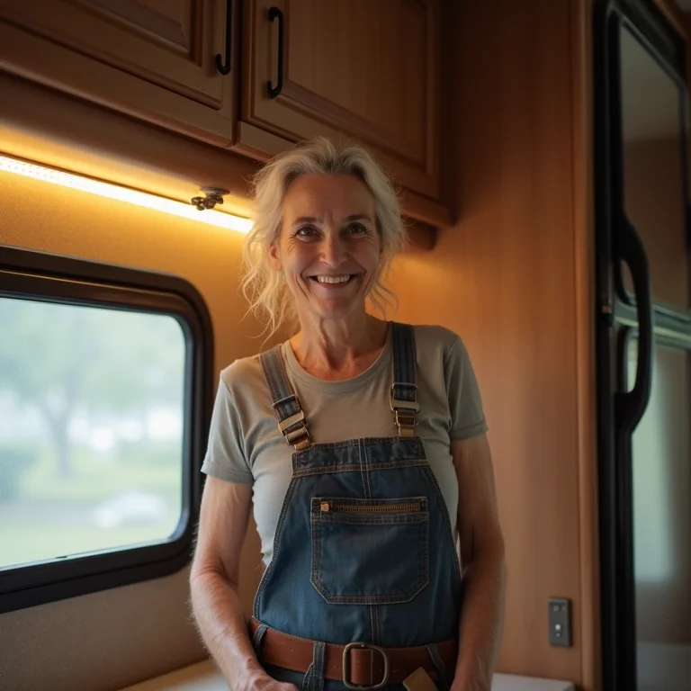 Mulher instalando iluminação estratégica em motorhome para criar ambiente aconchegante