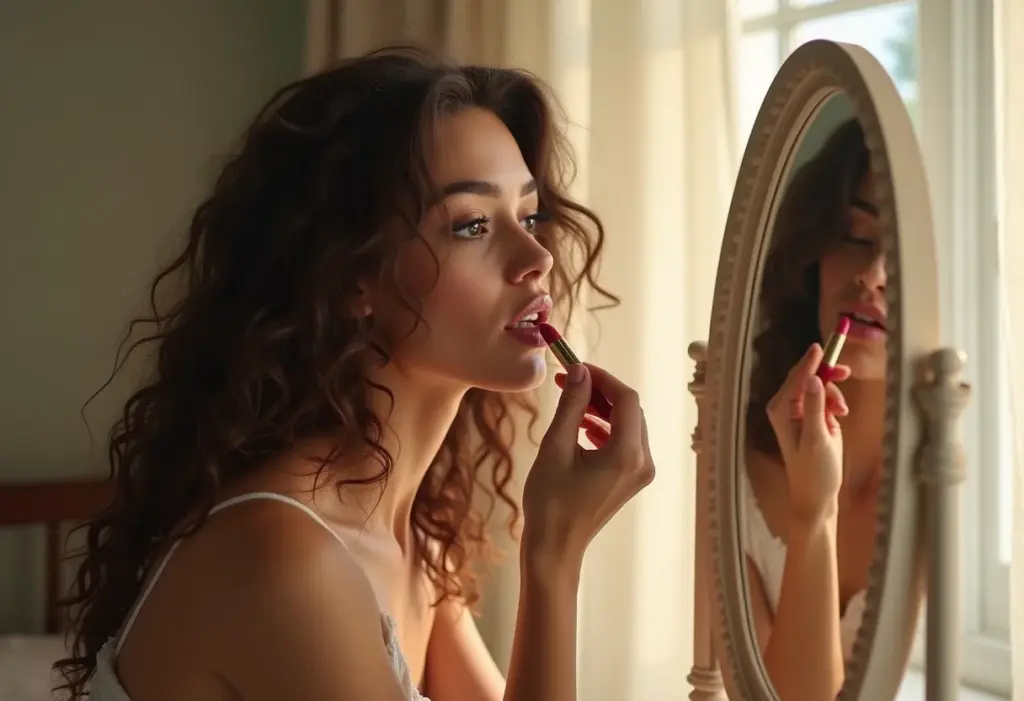 Mulher jovem aplicando batom em frente ao espelho