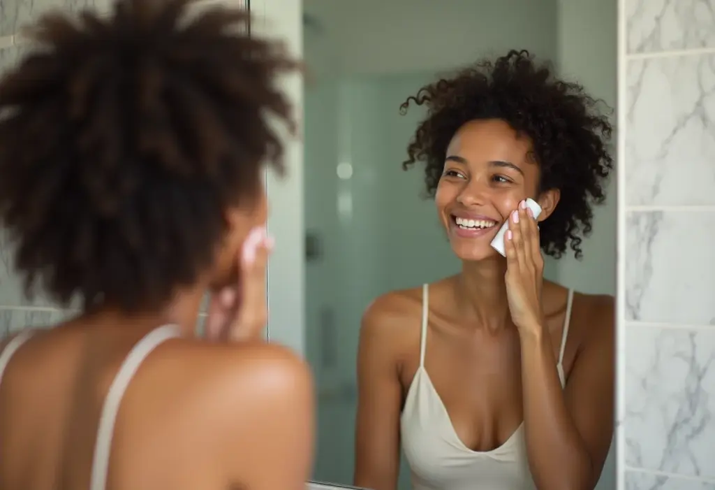 Tônico facial: o segredo de uma pele radiante que ninguém te conta Mulher jovem aplicando tônico facial no banheiro com luz natural.