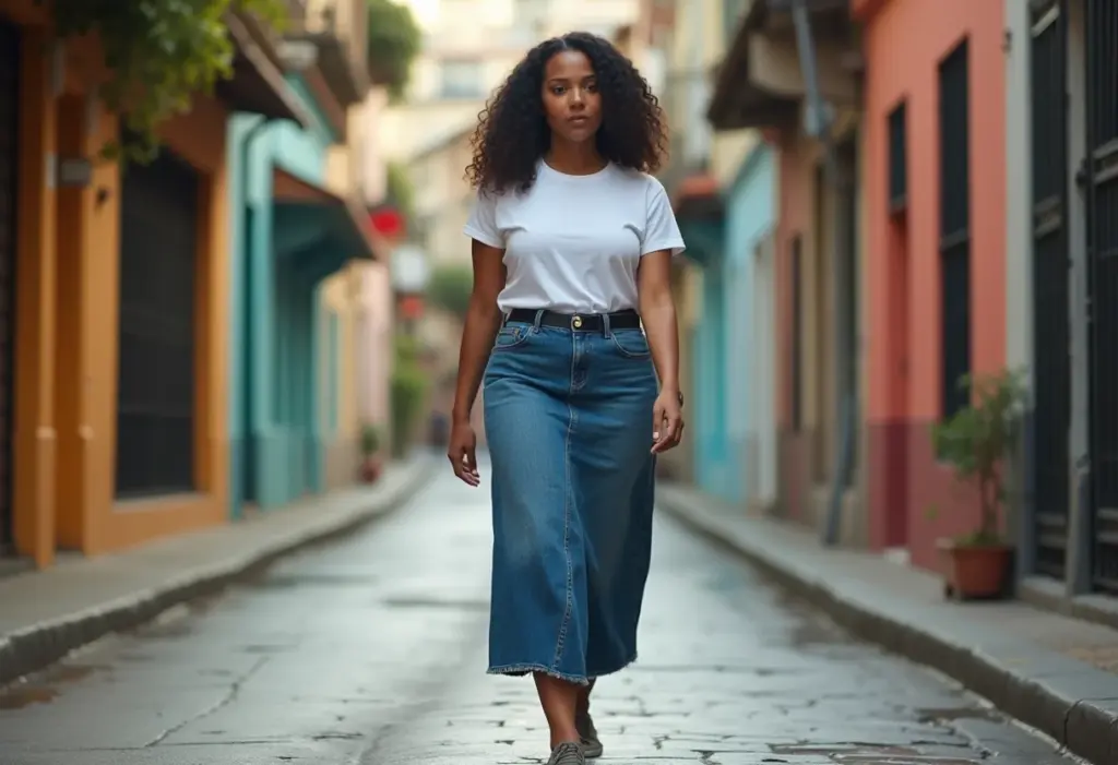 Mulher jovem e confiante desfilando saia longa jeans na rua.
