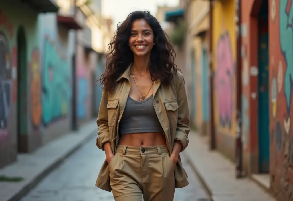 Looks com calça de sarja masculina: 5 ideias para você arrasar Mulher jovem e estilosa usando calça de sarja masculina em cenário urbano.