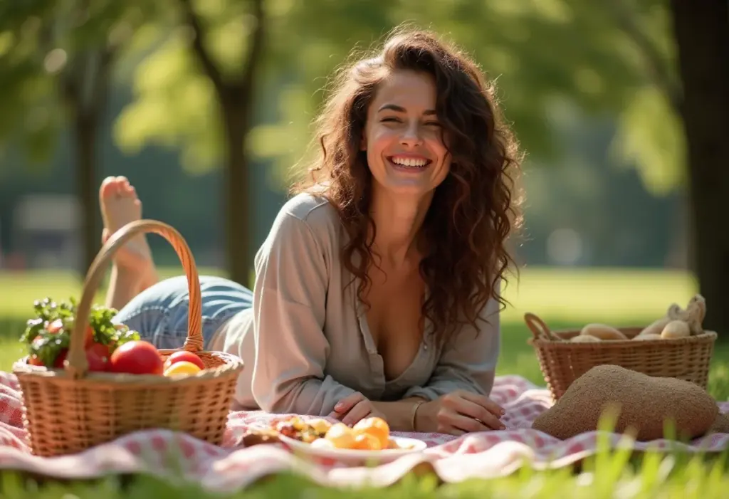 Mulher jovem e feliz arrumando manta de piquenique no parque.
