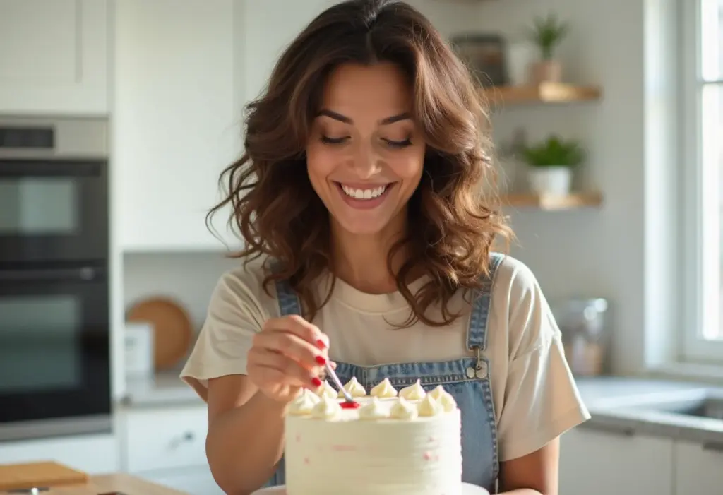Decoração de Bolo Simples: 5 ideias que parecem de confeitaria Mulher jovem e moderna decorando bolo de forma criativa.