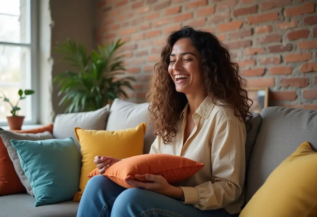 Mulher jovem e moderna sorrindo em sala com parede de tijolinho.