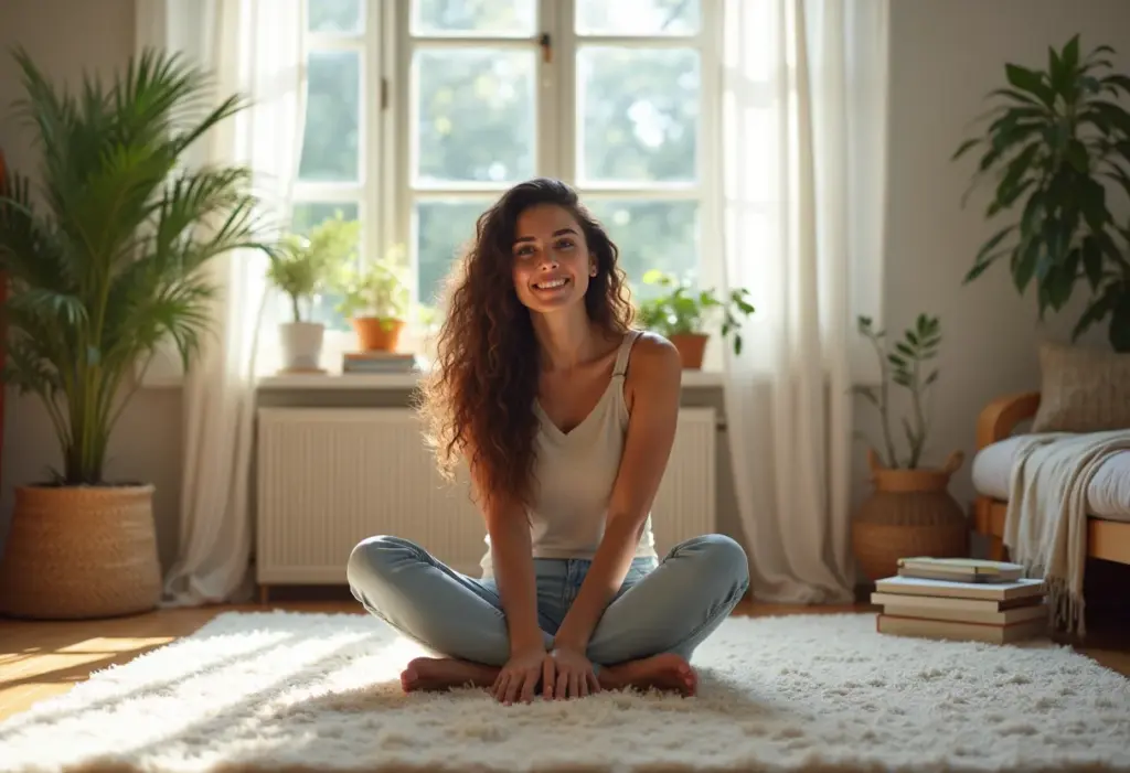 Mulher jovem e relaxada em sala de estar com tapete neutro.